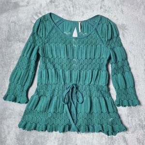 Free People Gauzy Lace Tunic Top Back Keyhole Drawstring Waist 3/4 Sleeve XS